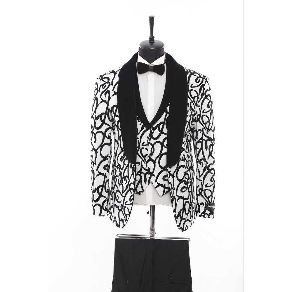 Hearts 3pc White Shiny Tuxedo, By Derman Suits